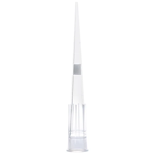 Clear plastic 20uL filtered pipette tip with internal filter and graduated markings on white.