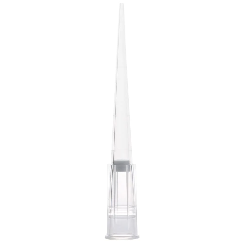 A single clear plastic 100uL filtered pipette tip standing vertically against a white background.