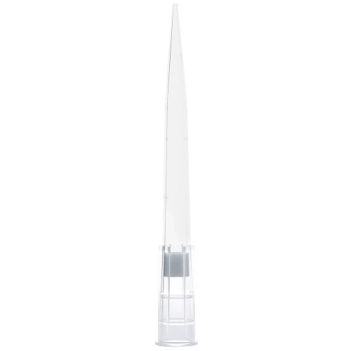 Clear plastic filtered pipette tip with low retention and graduated markings, standing vertically.