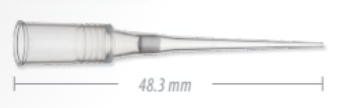 Clear plastic 20uL Labcon pipette tip with internal filter and 48.3 mm length measurement.