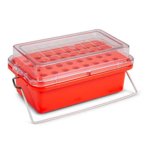 Red 32-place mini cooler with clear grid lid and wire handle.