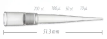 Transparent plastic 200 µL pipette filter tip with graduation marks at 10, 50, 100, and 200 µL, measuring 51.3 mm long.