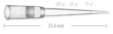 Clear, graduated Labcon pipette tip with internal filter and total length of 55.6 mm, showing volume markers at 10 µl, 50 µl,