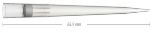 Clear plastic pipette tip with internal gray filter, shown horizontally with length measurement 88.9 mm.