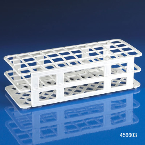 White plastic 40-place test tube rack shown at an angle on a blue reflective surface.