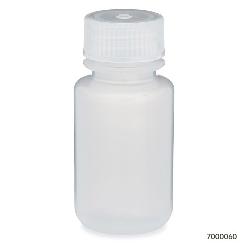 Translucent polypropylene wide-mouth laboratory bottle with screwed-on cap, standing upright.
