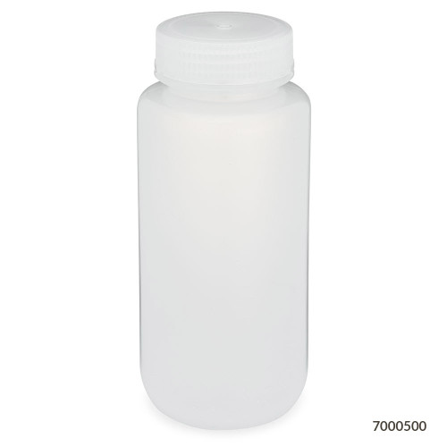 White plastic wide-mouth laboratory bottle with a screw cap, centered on a white background.