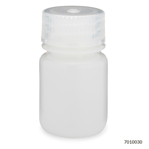 White plastic wide-mouth bottle with a translucent threaded screw cap, shot from a straight-on angle.