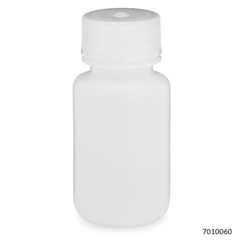 White translucent wide-mouth plastic bottle with a ribbed screw cap, standing upright.