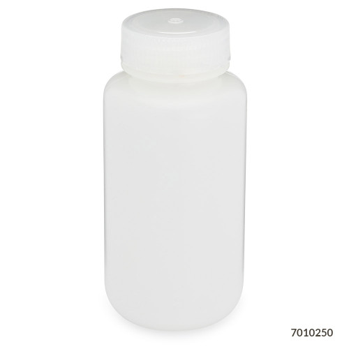 A white wide-mouth HDPE laboratory bottle with a translucent screw cap, viewed from the front.