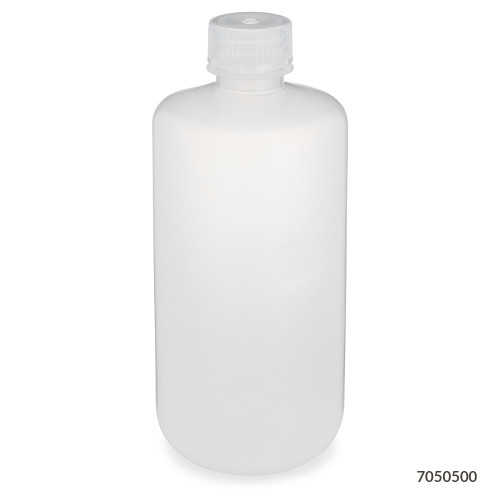 A translucent polypropylene narrow-mouth lab bottle with a matching screw cap, viewed straight-on.