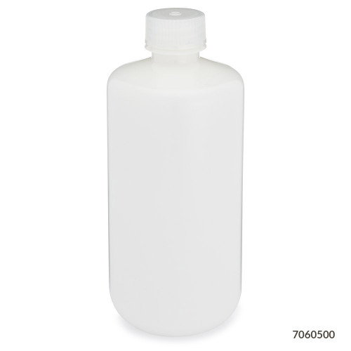 Translucent white plastic narrow-mouth laboratory bottle with a matching screw cap, upright view.
