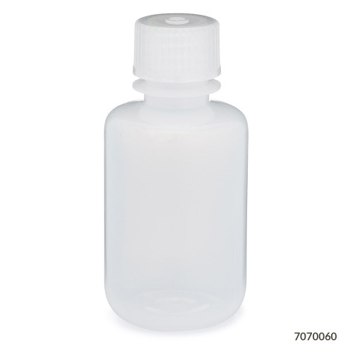Translucent narrow-mouth plastic bottle with ribbed screw cap, standing upright against a white background.