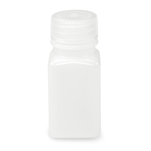 White square HDPE laboratory bottle with a wide mouth and ribbed polypropylene screw cap.
