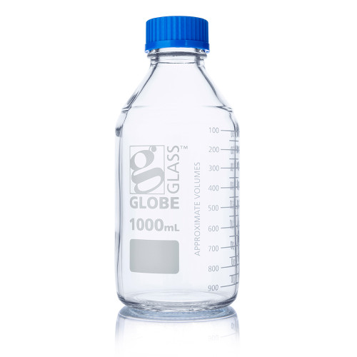 Clear glass 1000mL media bottle with a blue screw cap, graduation markings, and white Globe Glass logo.