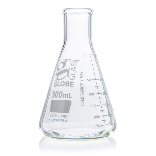 Clear glass 300mL Erlenmeyer flask with white volume graduations and markings.