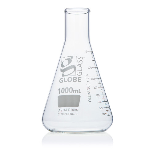 Clear glass 1000mL Erlenmeyer flask with white volume graduations and Globe Glass logo.