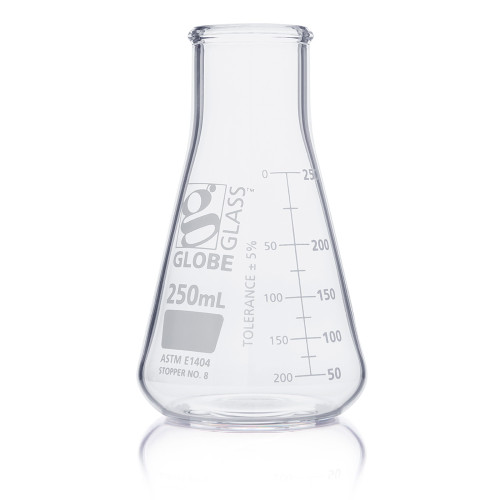 Clear glass 250mL Erlenmeyer flask with dual metric graduations and white text on a white background.