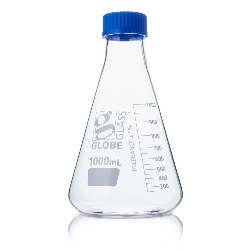 Clear glass 1000mL Erlenmeyer flask with white graduations and a blue screw cap.