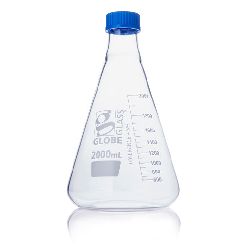 A 2000mL glass Erlenmeyer flask with a blue screw cap and white volume graduations.