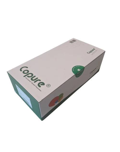Angle view of a Biocomma Copure QuEChERS extraction kit box in white with green branding.