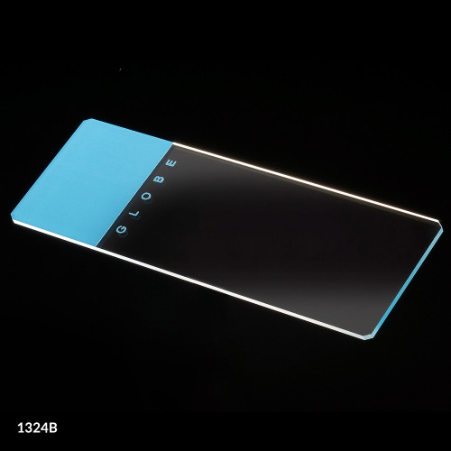 Angle view of a blue frosted microscope slide with the word Globe on it.