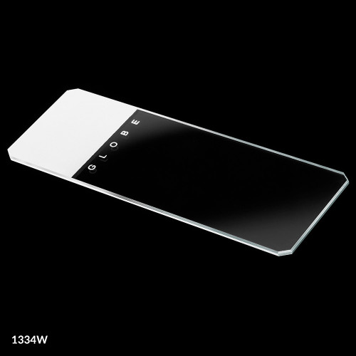 Globe brand white frosted glass microscope slide with beveled edges and clipped corners.