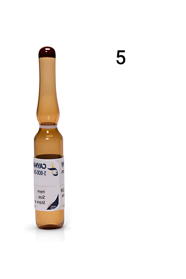 Amber glass ampule with a white label and red top, standing vertically against a white background.