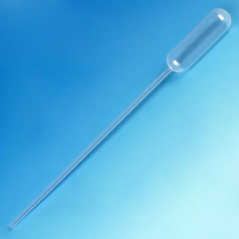 A clear plastic transfer pipet with a narrow stem and bulb top against a blue gradient background.