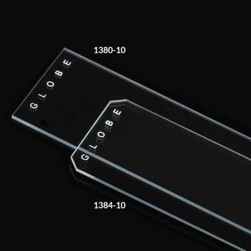 Two clear glass microscope slides with white "GLOBE" branding on black background.