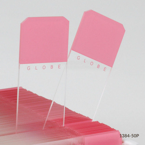 Two pink-frosted glass microscope slides with clipped corners, branded "GLOBE", protruding from a box.