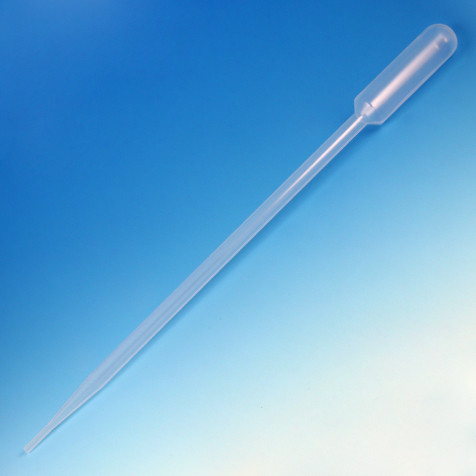 A translucent plastic transfer pipette slanted diagonally on a blue gradient background.