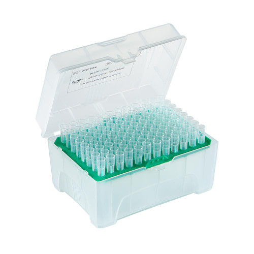 A clear plastic pipette tip box with a green insert holding 96 sterile pipette tips, viewed from above.