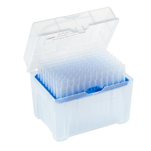 A translucent plastic storage box filled with ninety-six clear, graduated pipette tips in a blue rack, with the hinged lid