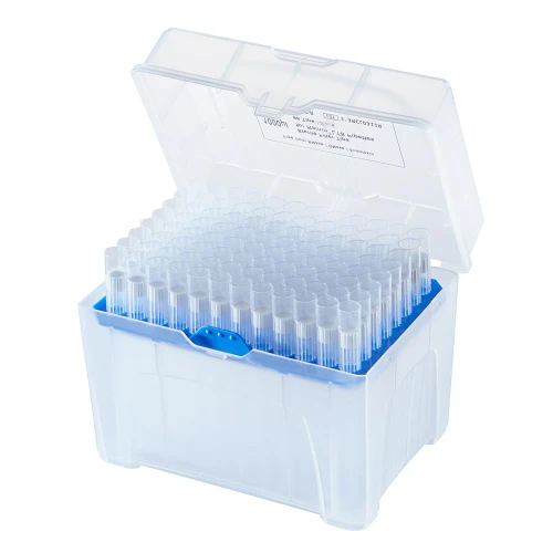 An open clear plastic storage box filled with ninety-six sterile filtered pipette tips in a blue rack.