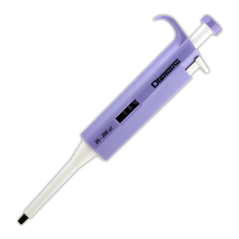Lavender and white adjustable micro-pipette angled diagonally, showing volume range 20-200 uL.