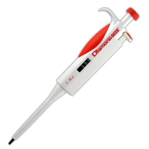 Globe Scientific Diamond PRO adjustable 2-20µL pipette in white with pink accents and a black tip, angled view.