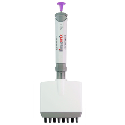 Front view of a white and gray 8-channel adjustable volume pipette with a lavender plunger.