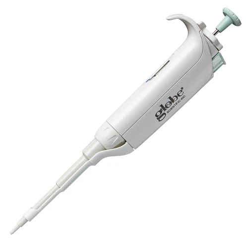 A white Globe Scientific adjustable pipette viewed at an angle on a white background.
