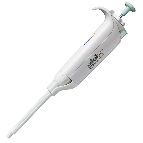 Globe Scientific LTS adjustable pipette in white with a green plunger, angled view.