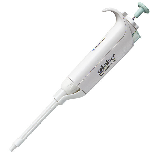 Globe Scientific LTS adjustable volume pipette in white with a light green plunger and tip.