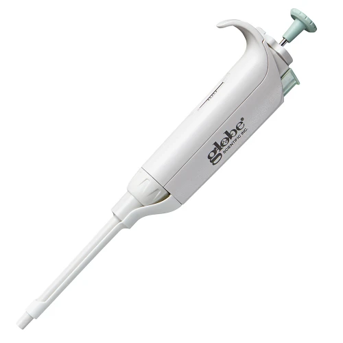 White Globe Scientific Diamond PosiStop fixed 100uL pipette with green plunger.