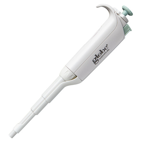 White Globe Scientific Diamond PosiStop LTS pipette with light blue plunger shown at a diagonal angle against a white