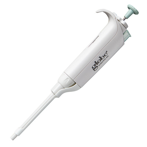 White Globe Scientific Diamond PosiStop fixed-volume pipette at an angle with a green plunger.