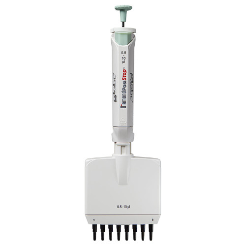 Globe Scientific white 8-channel adjustable volume pipette (0.5-10uL) with green plunger button.