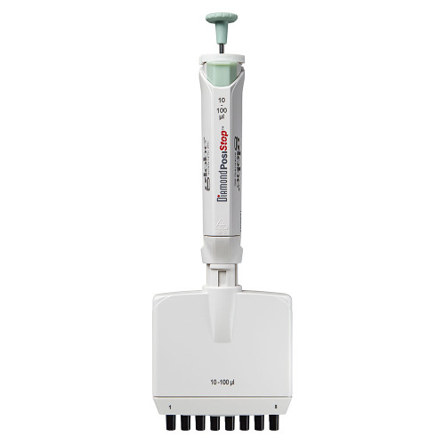 Globe Scientific Diamond PosiStop 8-channel adjustable volume pipette in white with green accents, 10-100uL.