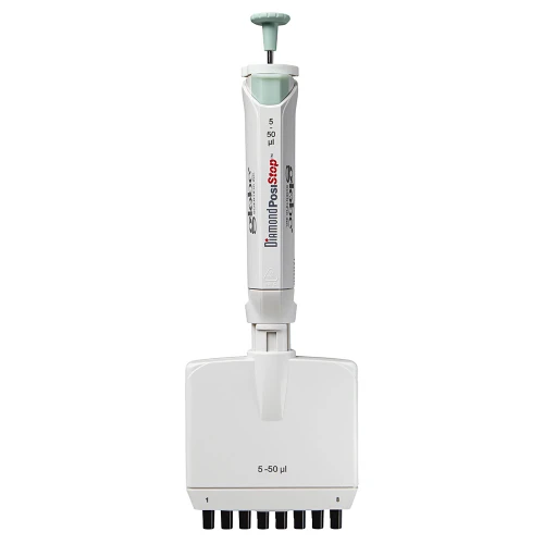White Globe Scientific 8-channel adjustable pipette with green plunger, 5-50uL.