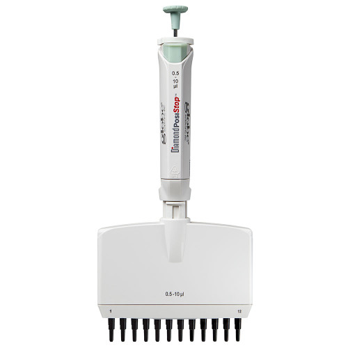 A white Globe Scientific Diamond PosiStop 12-channel adjustable volume pipette against a white background.