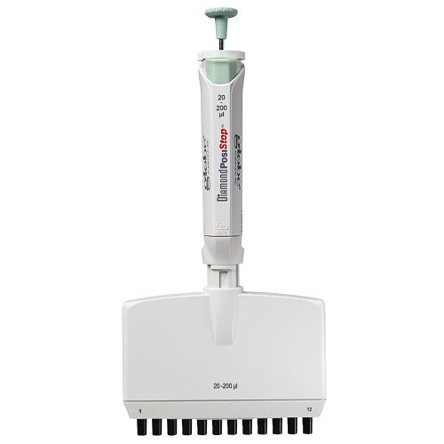 A white 12-channel adjustable volume pipette with a green plunger and tip, shown upright.