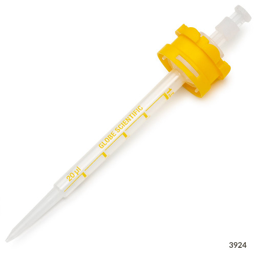 Yellow and clear plastic Globe Scientific 1.0mL RV-Pette PRO dispenser syringe tip viewed from above.